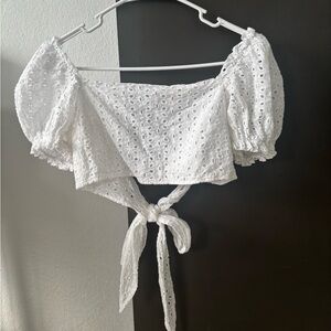 SHEIN White Eyelet Lace Puff Sleeve Crop Top - Size Small